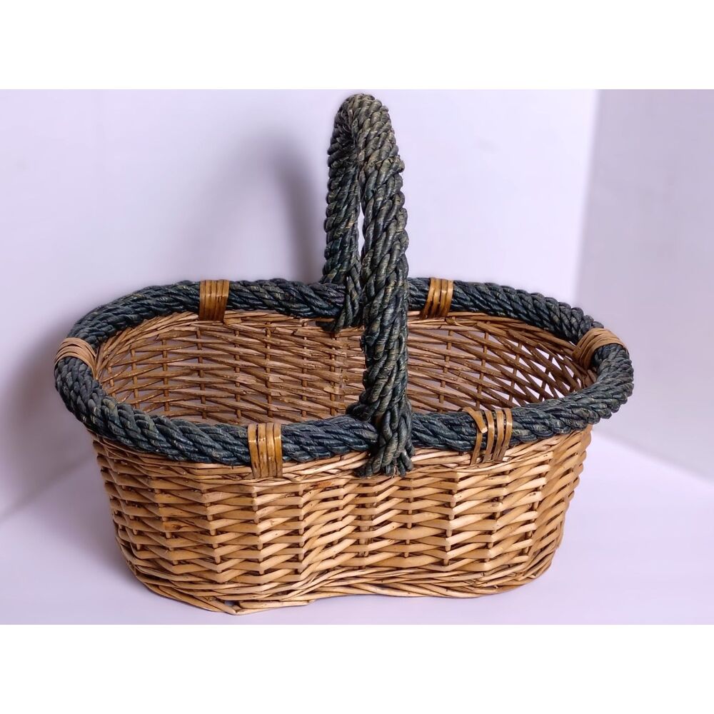 Vintage Wicker Basket Rustic Decor Green Accents Handmade Woven Basket